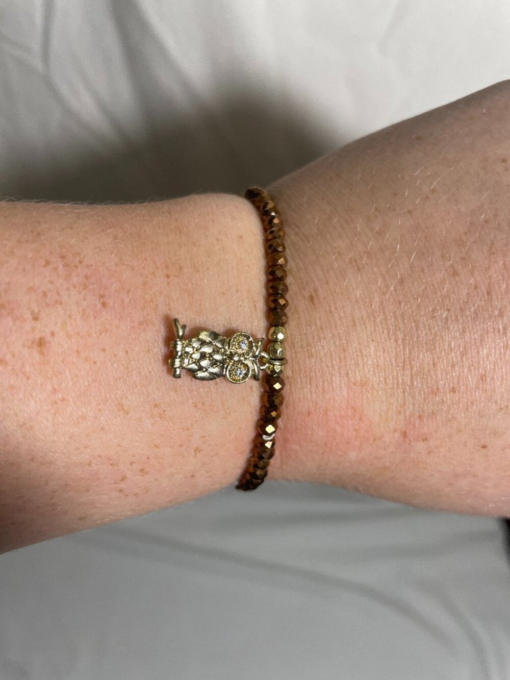 Bronze Faceted Bead Stretch Bracelet Rhinestone Owl Dangle Charm Boho